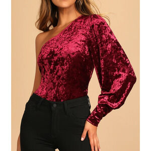 Lulu's Velvet One-Shoulder Bodysuit in Burgundy